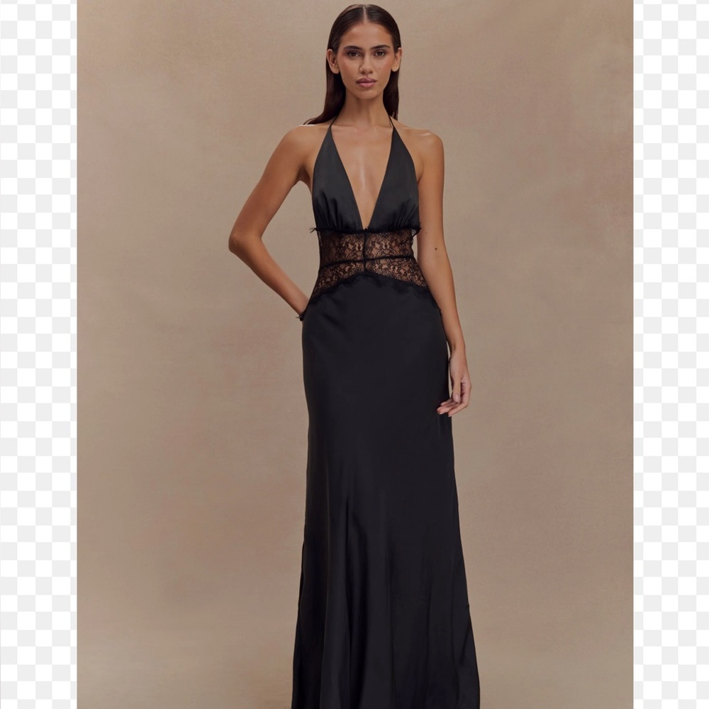 Meshki Dinah black satin Maxi Dress with Lace Detail